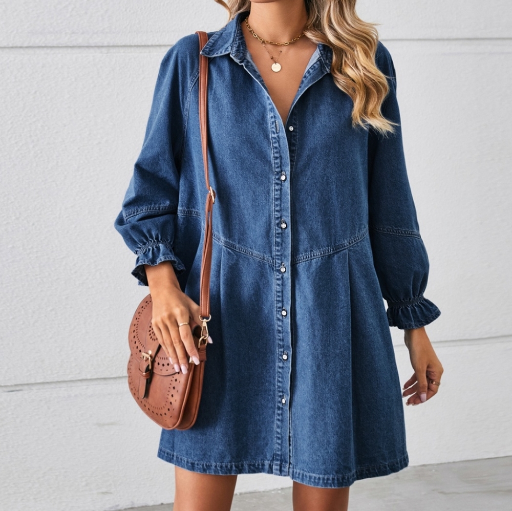 Flounce Dream Mini Denim Dress - Medium Blue - Picture 4 of 5